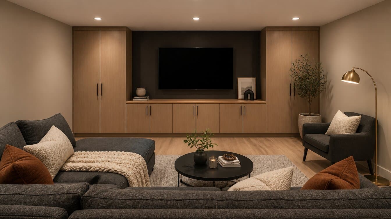 Photorealistic reimagining of the finished basement living area