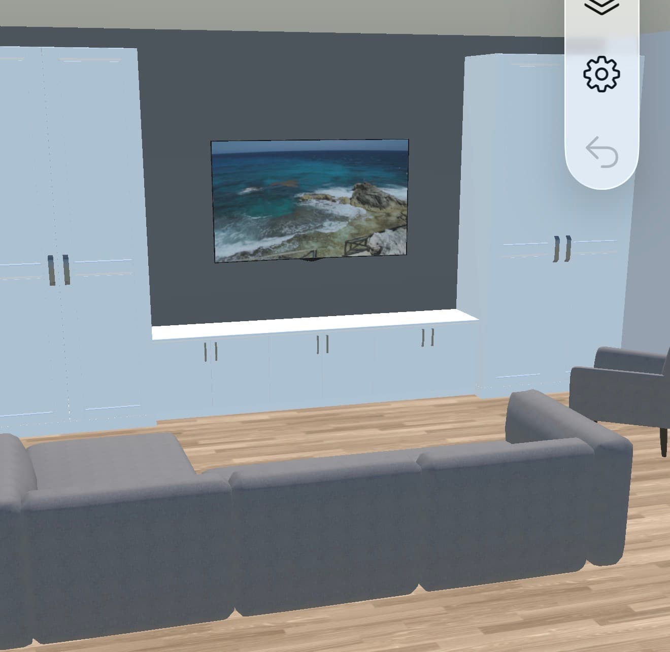 3D design model of a Calgary basement living area