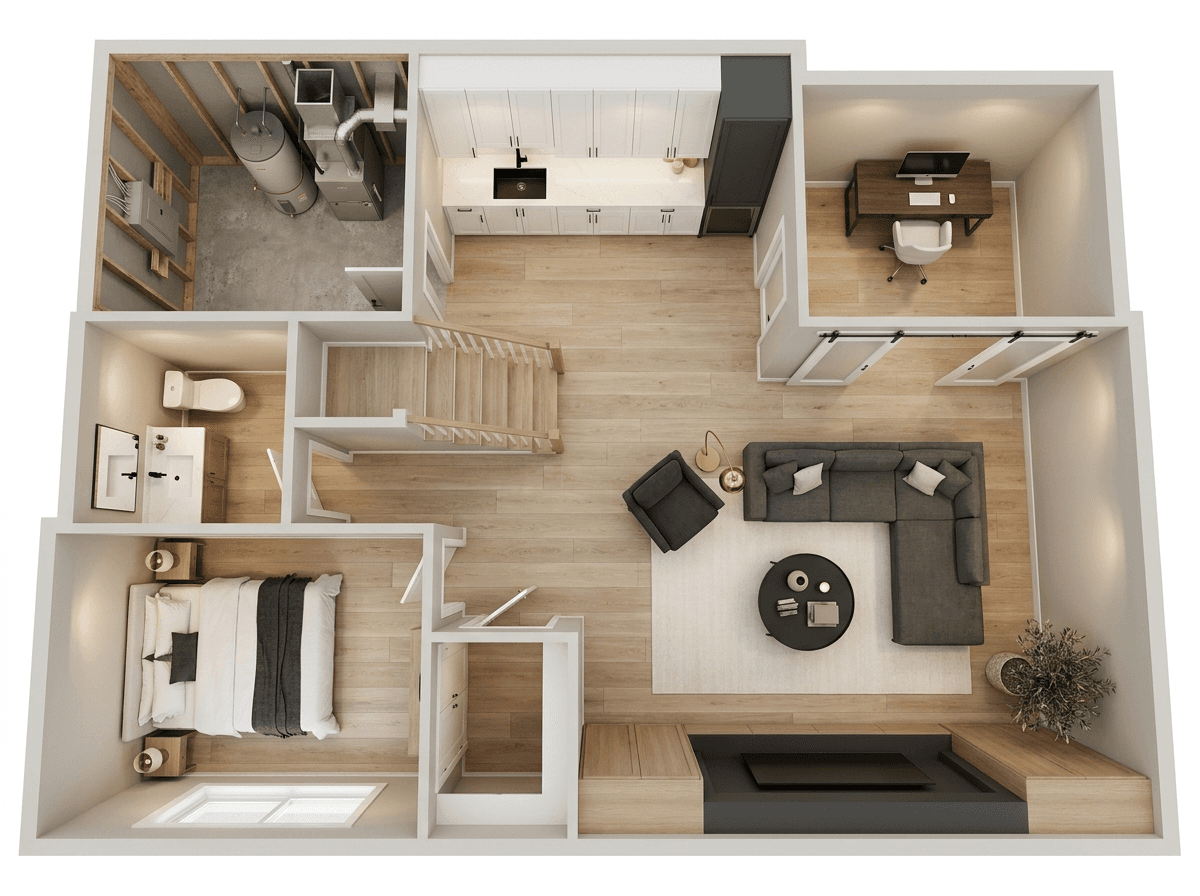 A ReImagine basement design rendered from the floor plan during pre-construction