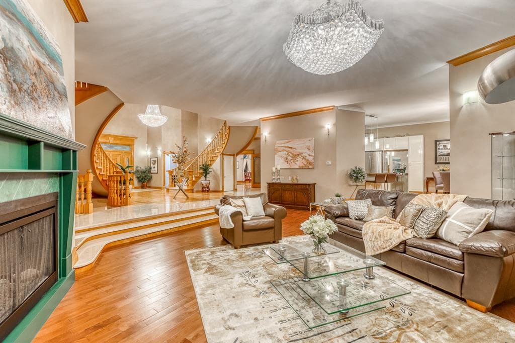 Gargoyle House living room in 2023 — original 1990 golden oak and tiled fireplace