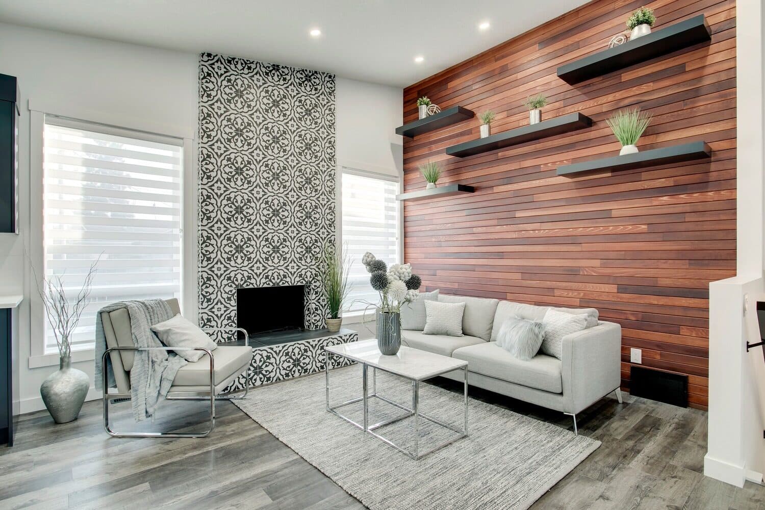 Living room with wood feature wall and patterned fireplace, Lake Lucerne Way SE