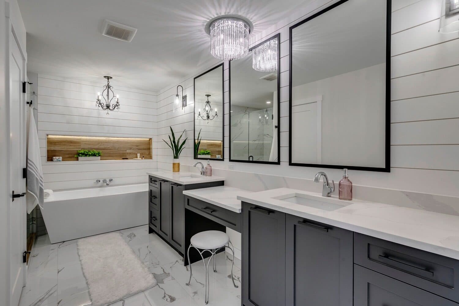 Parkridge ensuite with freestanding tub and shiplap feature wall