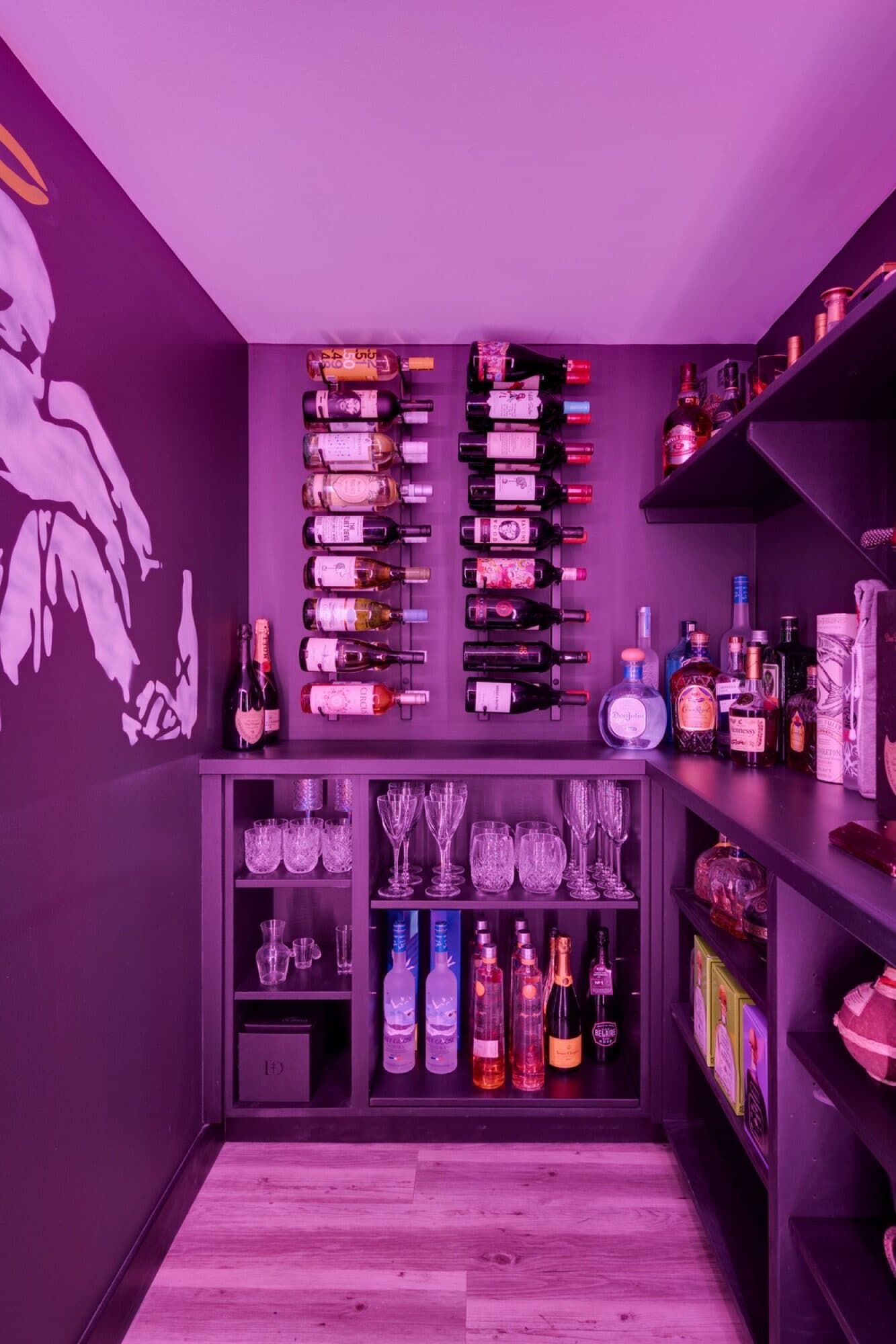 Basement bar with pool table, LED lighting and multi-screen setup