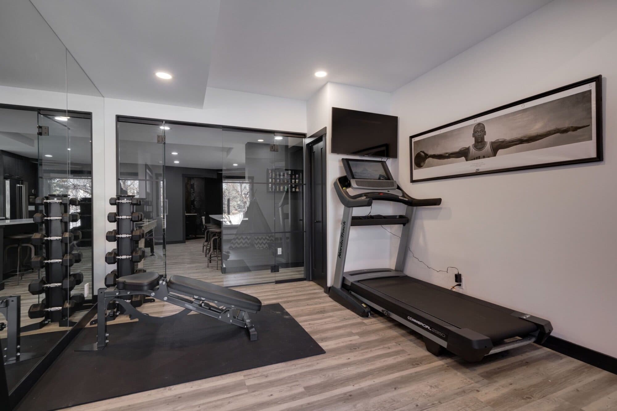 Basement gym with glass walls, treadmill and weights