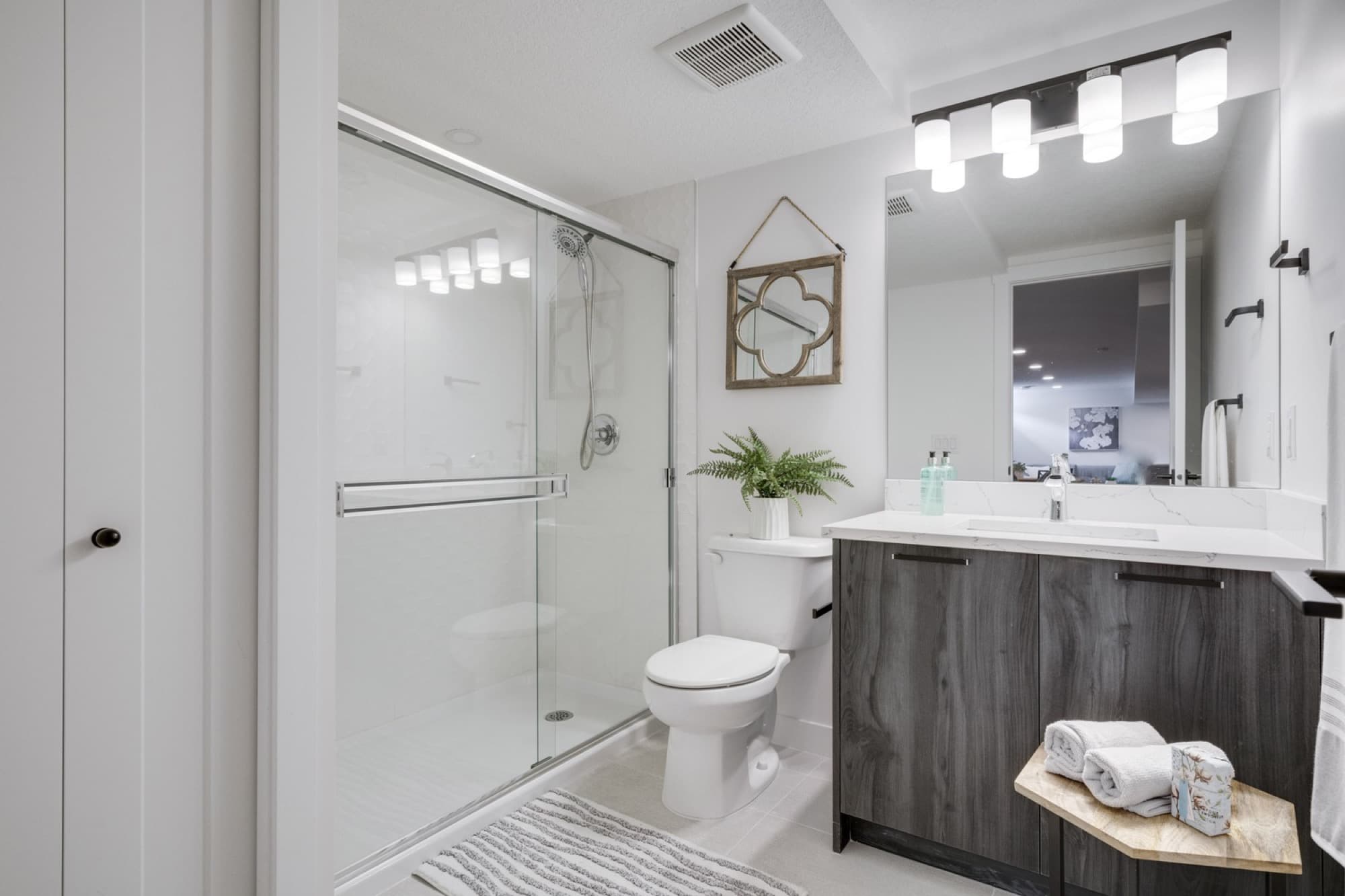 Basement bathroom with frameless glass shower and dark wood vanity
