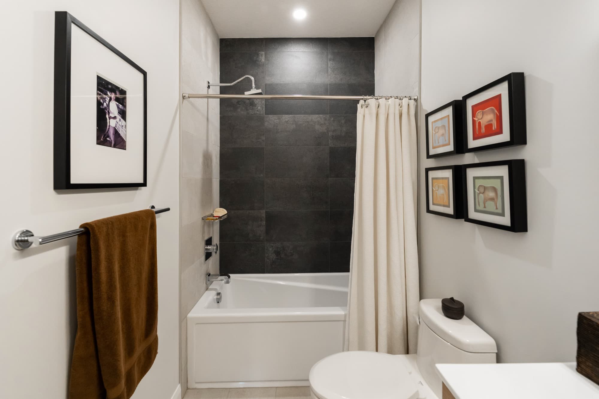 Basement bathroom with charcoal tile tub-shower and framed art