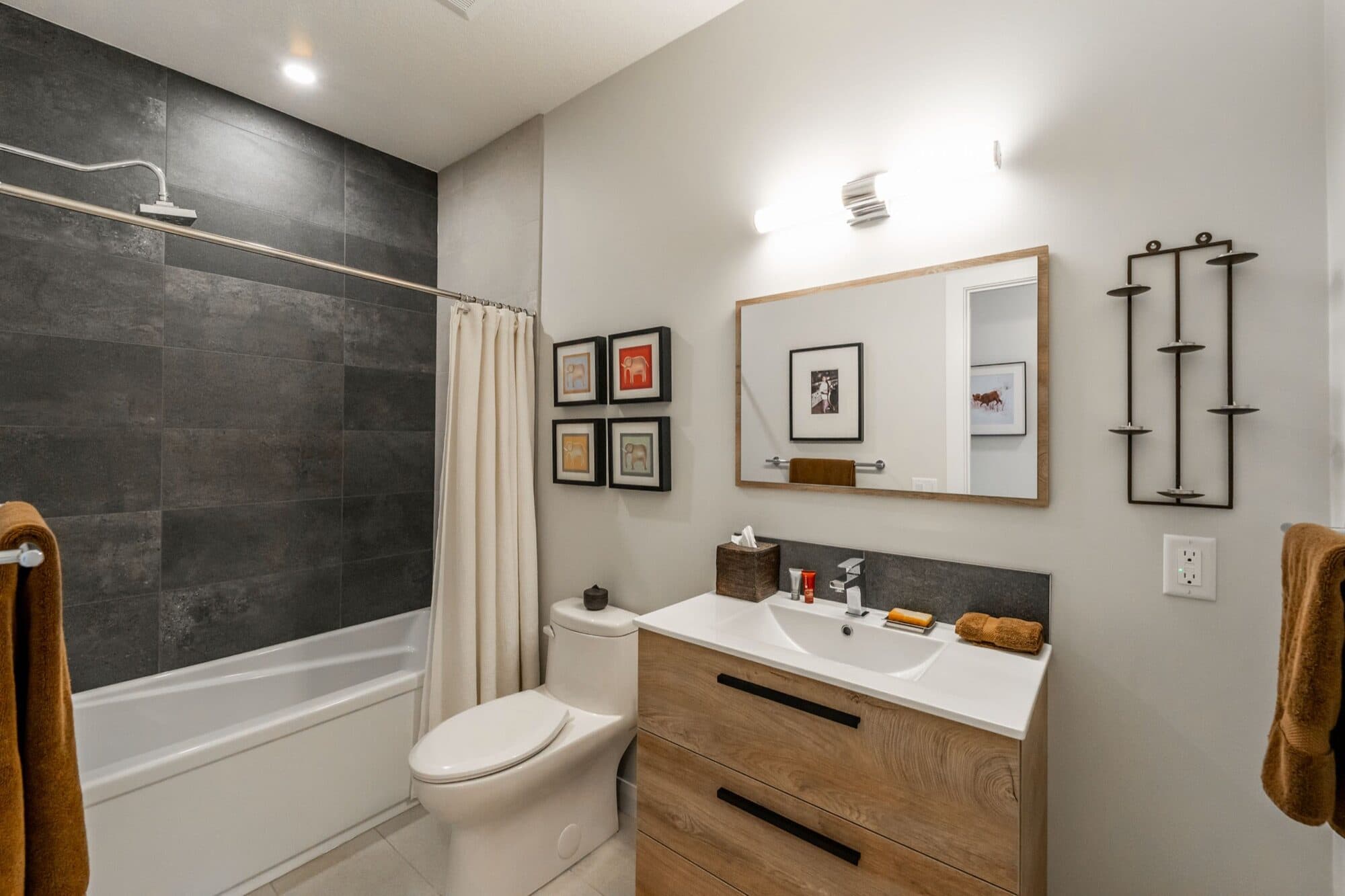 Basement bathroom with charcoal tile and floating wood vanity, wide view