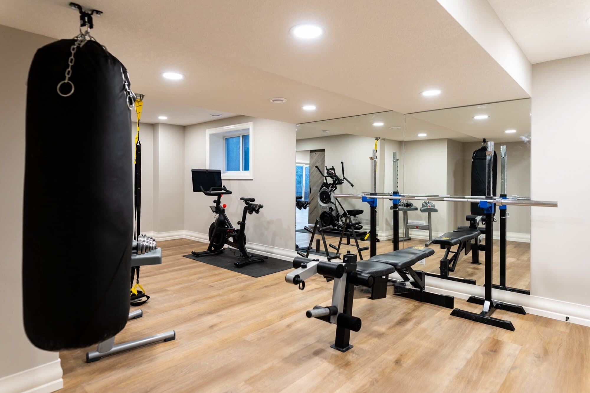 Basement home gym with boxing bag, mirror wall and cardio equipment