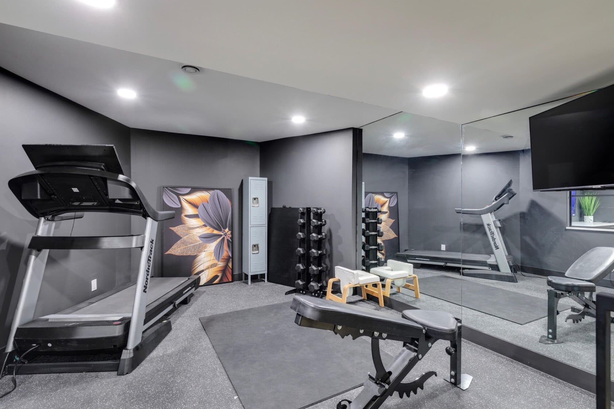 Basement home gym with treadmill, dumbbell rack, mirror wall and TV
