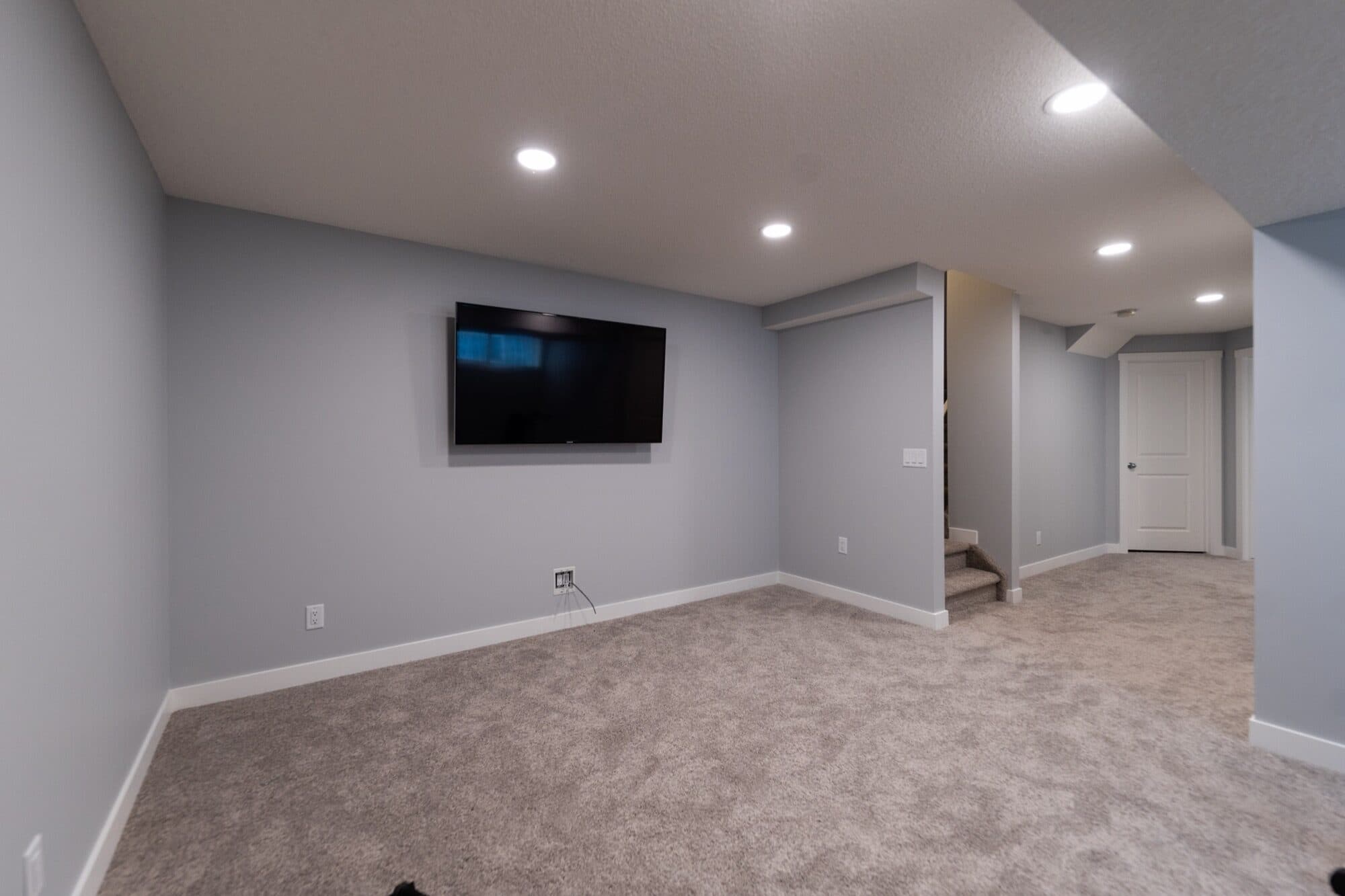 Spacious basement rec room with wall-mount TV and carpet flooring