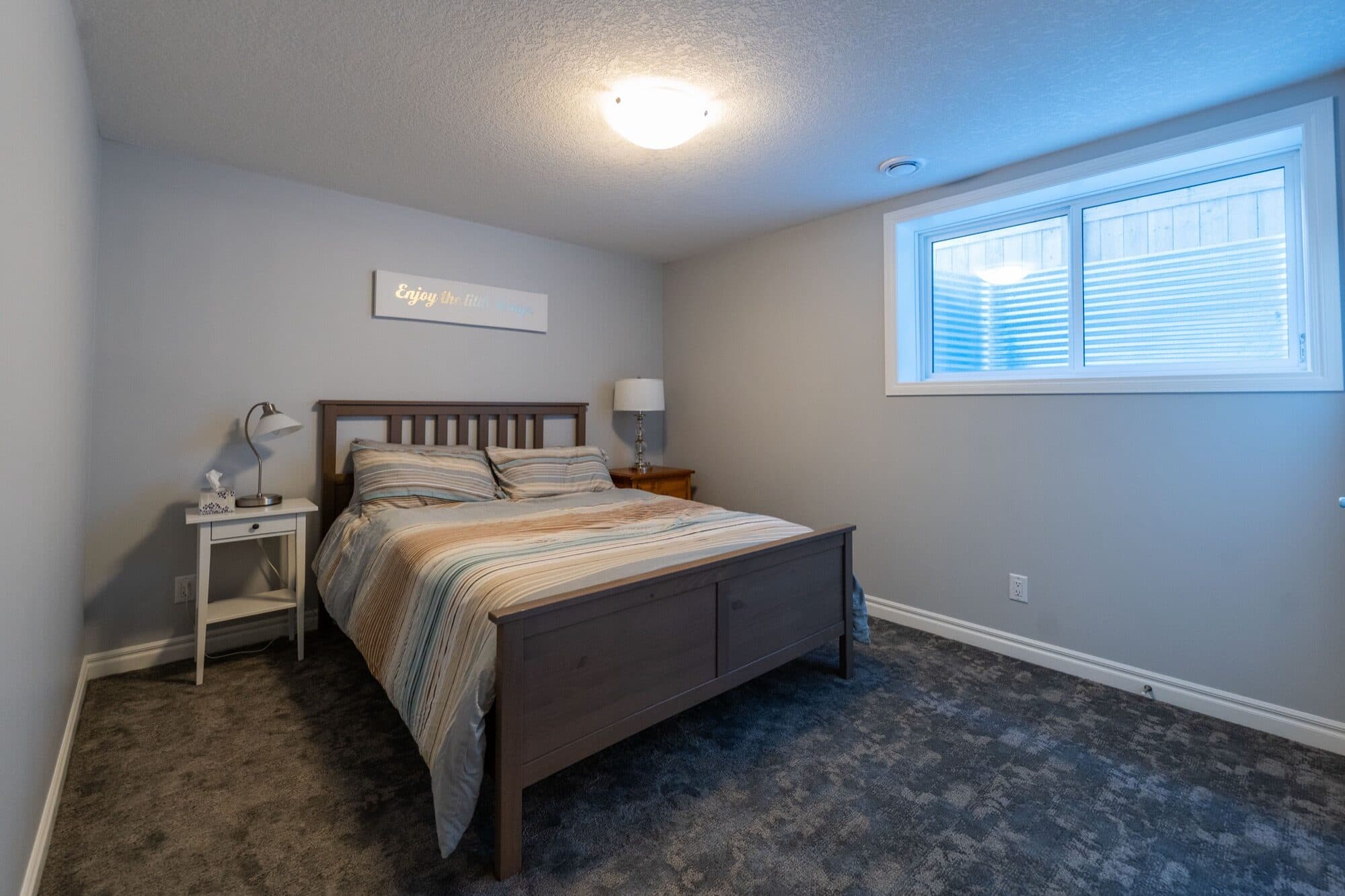 Finished basement bedroom with carpet and natural window light