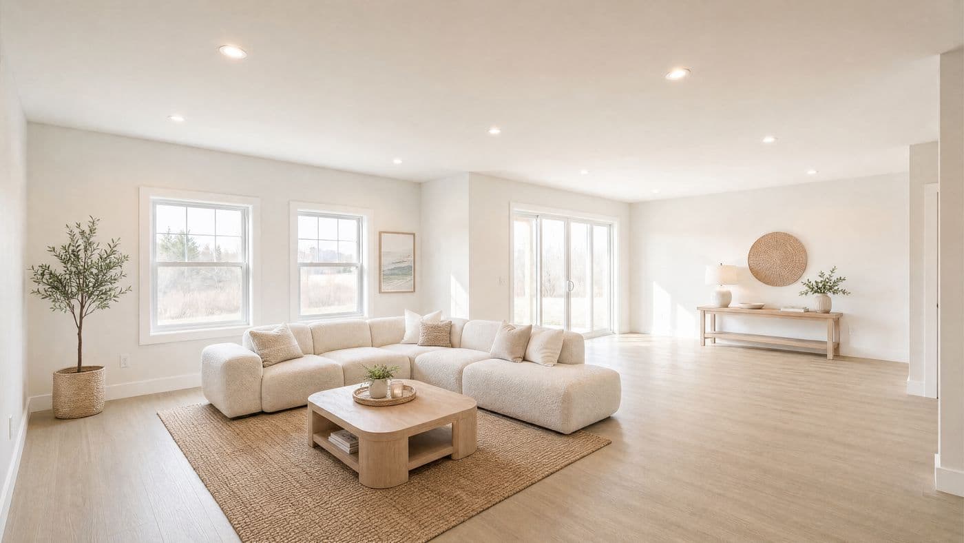 A photorealistic ReImagine rendering of a finished basement living area