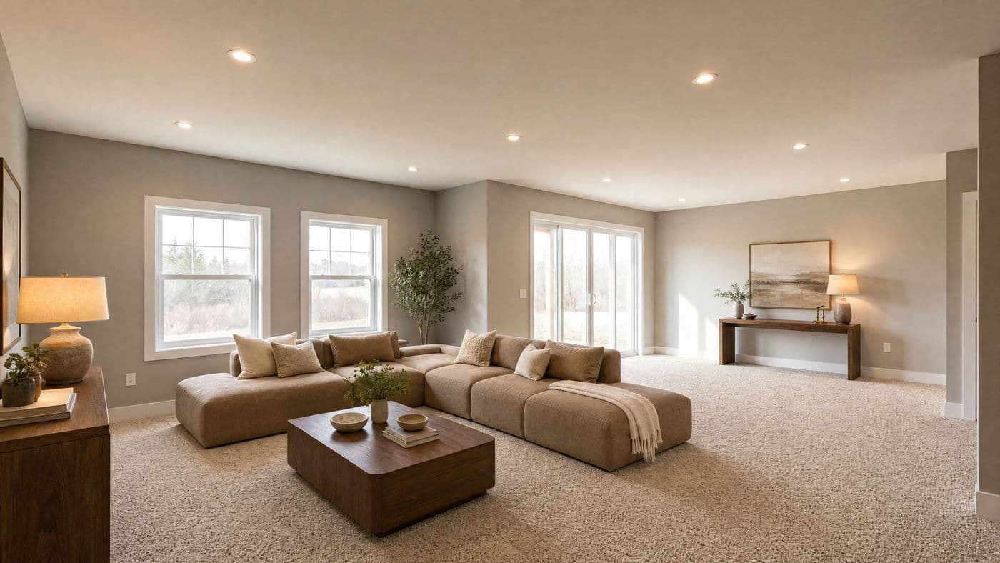 An example ReImagine AI rendering of a finished, furnished Calgary basement