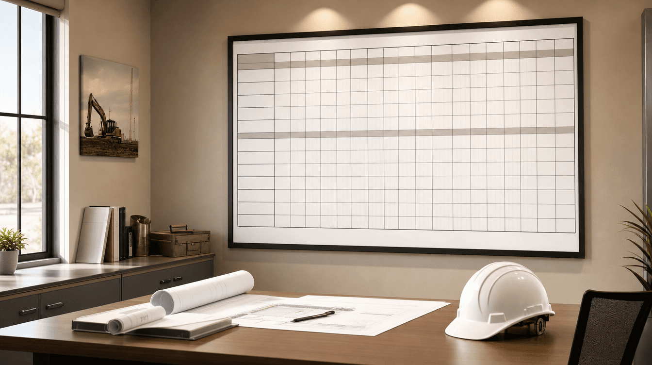 A clean wall-mounted 13-week project timeline board in a tidy job-site office with a hard hat
