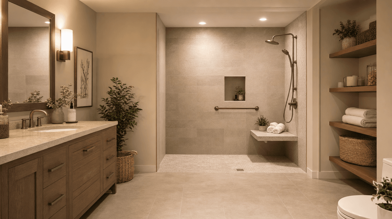 A warm accessible basement bathroom with a curbless walk-in shower and wide clear space