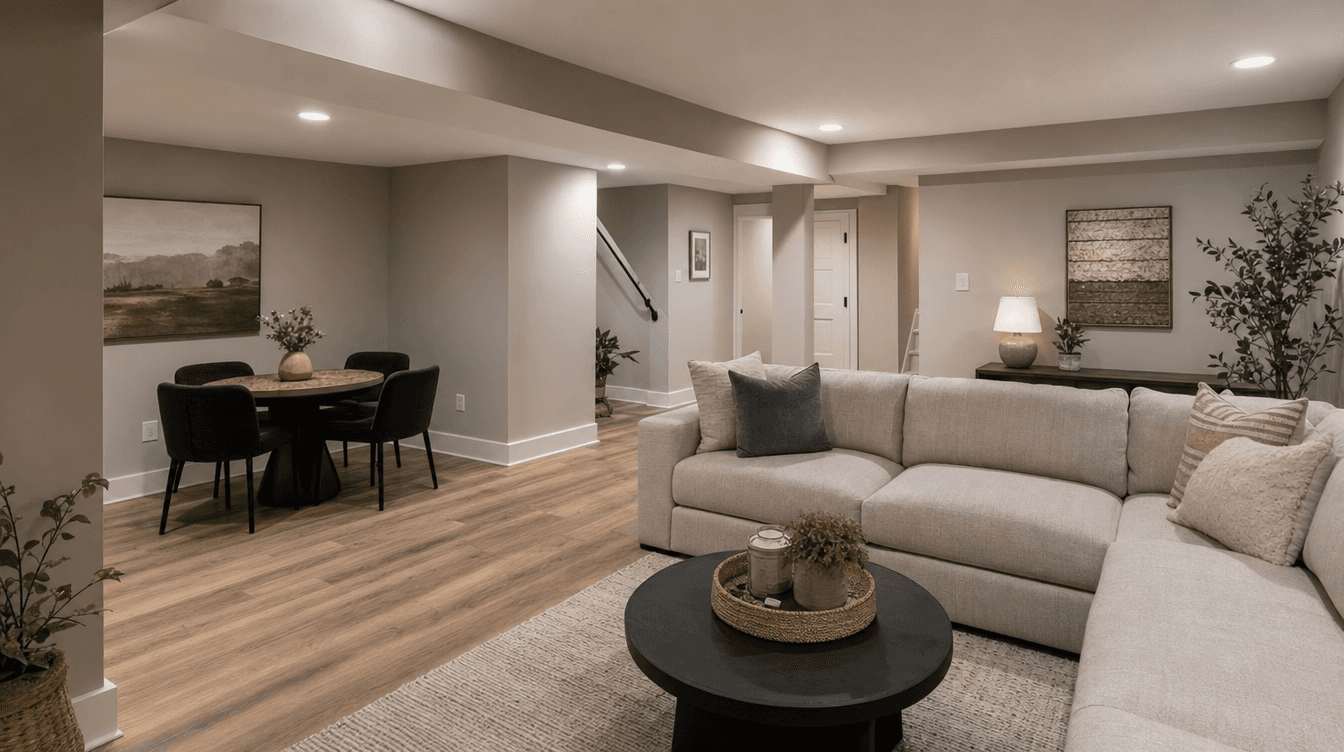 Tastefully finished basement using clean mid-range finishes that look great without being lavish