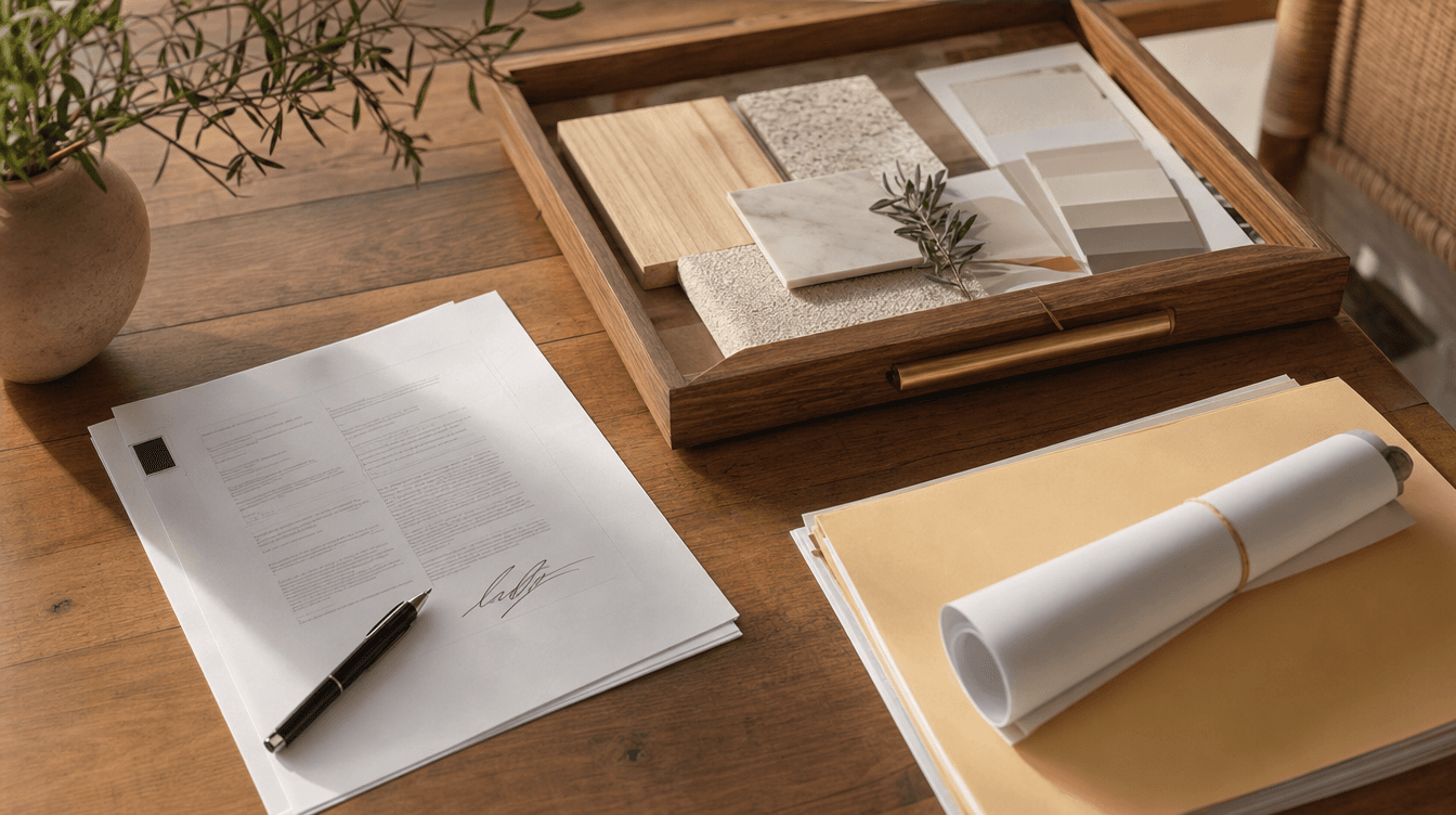 A signed plan, a tray of finish selections, and a permit folder on a table, the pre-construction phase