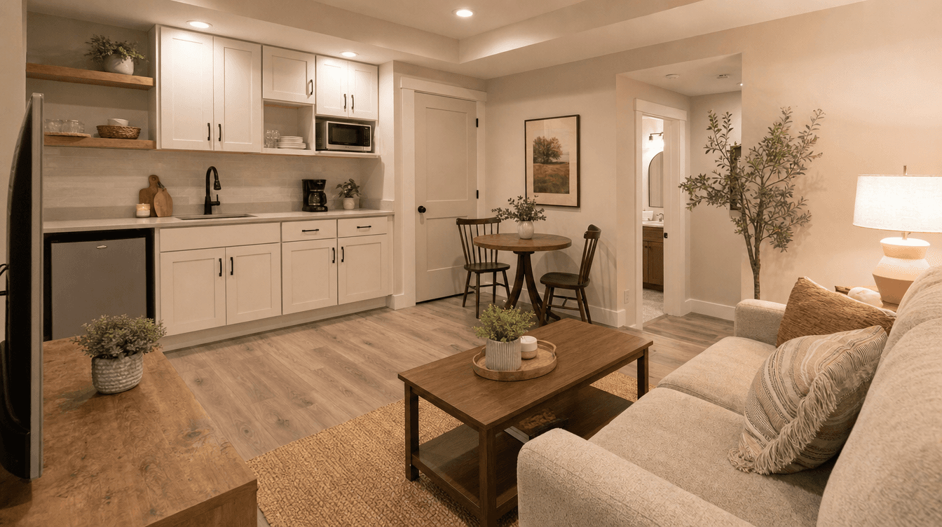 A welcoming finished basement suite living area with a kitchenette and a tidy hotel-like touch, conveying a rentable suite