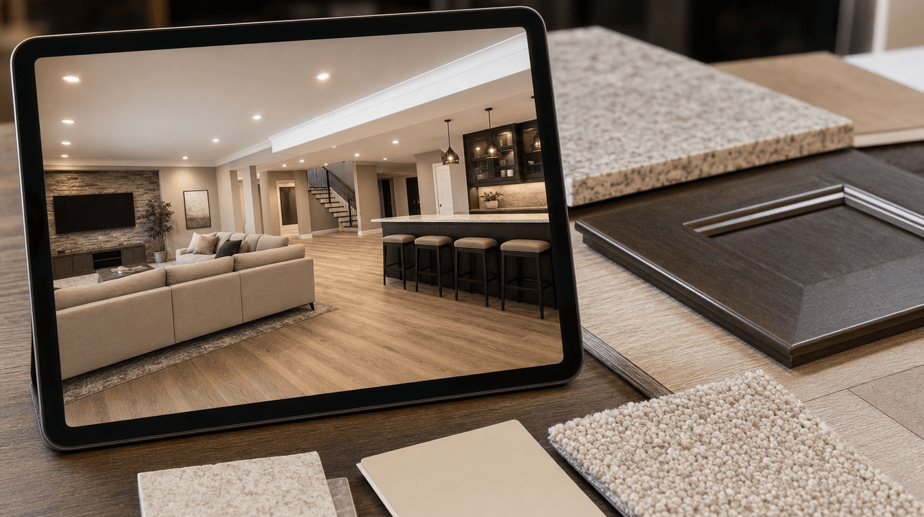 A designer's tablet showing a realistic 3D rendering of a finished basement beside finish samples