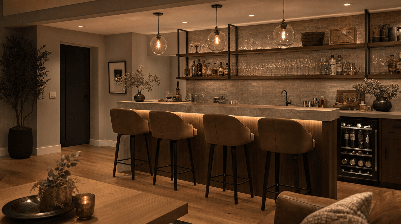 A stylish finished basement bar with a counter and stools, open shelving, a bar fridge, and warm pendant lighting