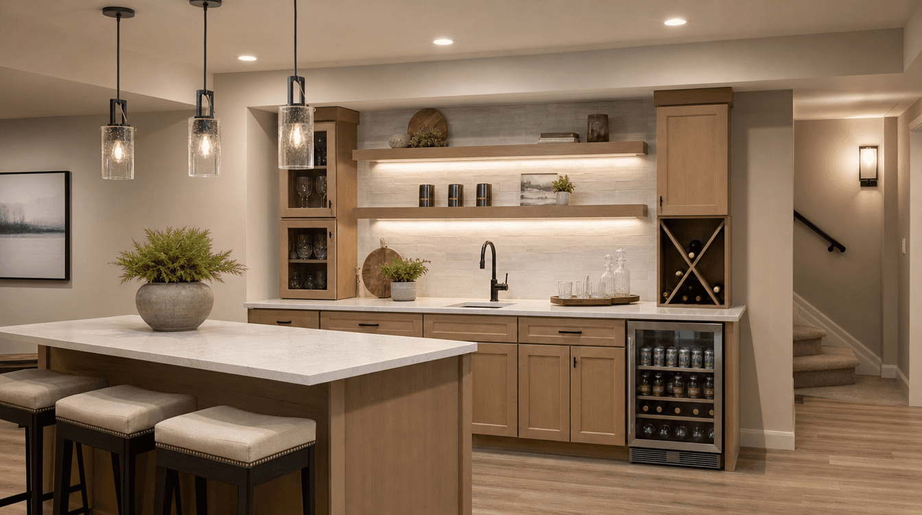 Finished basement wet bar with cabinetry, a quartz counter, a sink, and a bar fridge