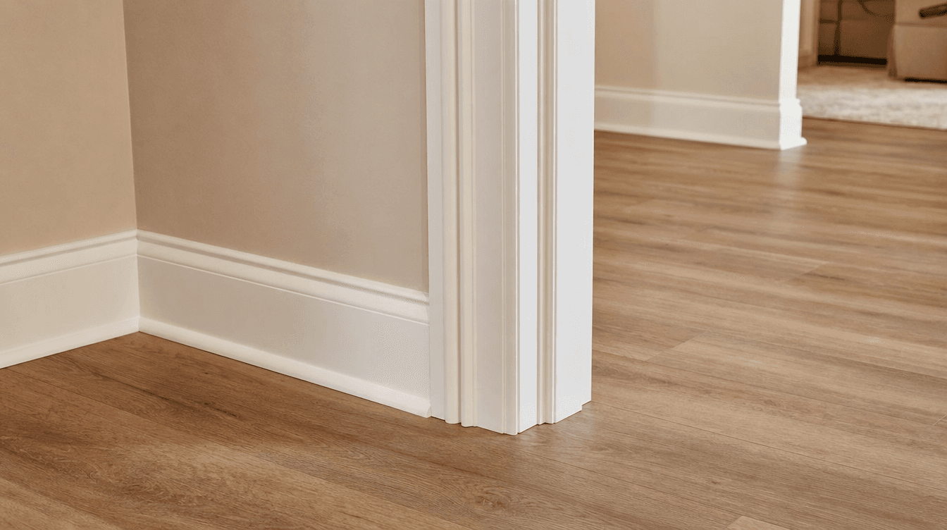 A close detail shot of crisp white baseboards and door casing meeting a wood-look floor in a finished basement