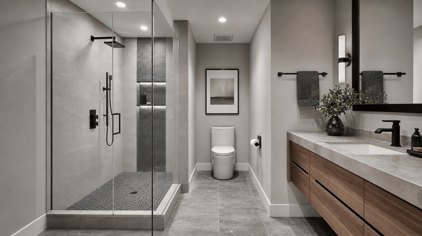 Clean finished basement bathroom with a tiled shower, frameless glass, and a floating vanity.