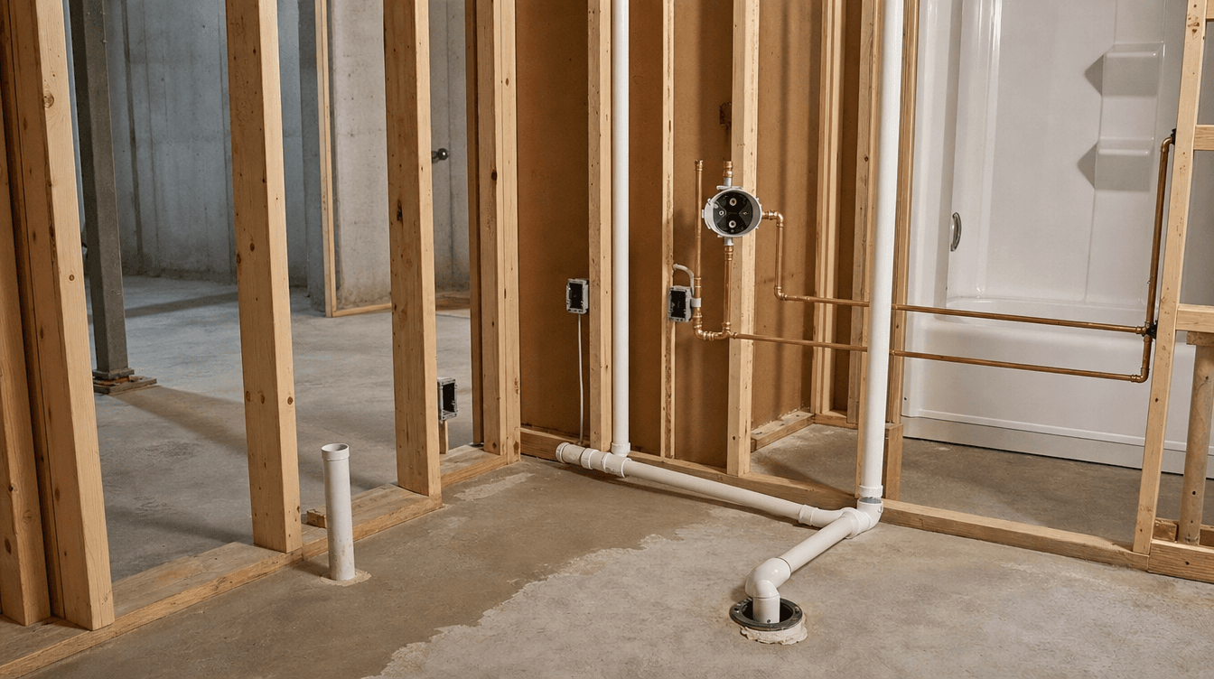 A basement bathroom at rough-in stage with drain and supply lines and electrical boxes visible before tiling