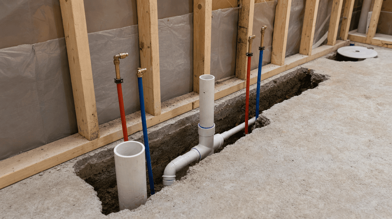 Basement bathroom rough-in showing drain stub-outs and water supply lines in a partially open slab and framed wall