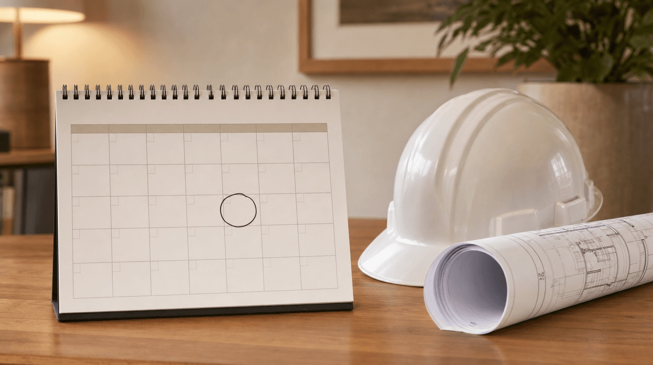 A wall calendar with a marked start date beside a hard hat and rolled basement plans, conveying an upcoming build start