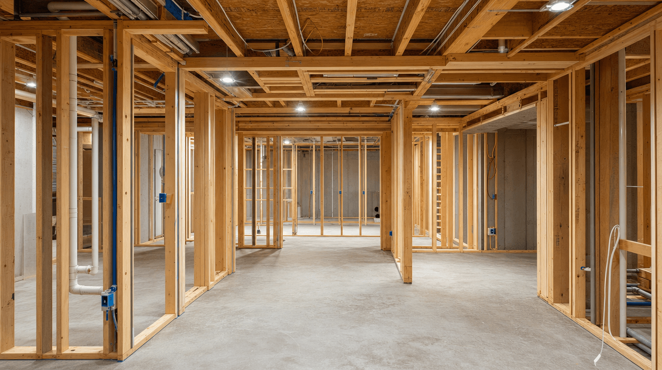 A Calgary basement mid-build, showing the construction stages of a 13-week development.