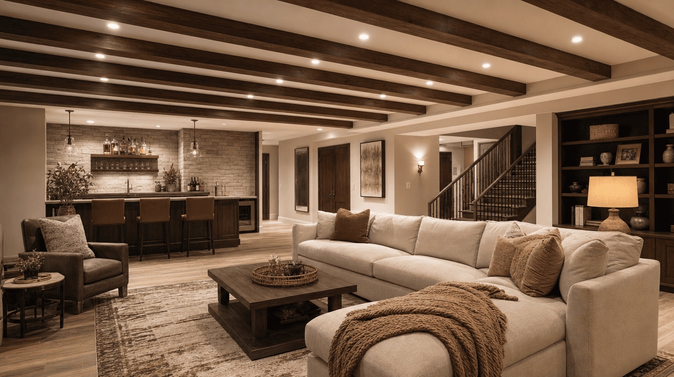 A stylish finished basement with an attractive ceiling treatment of faux wood beams and recessed lighting