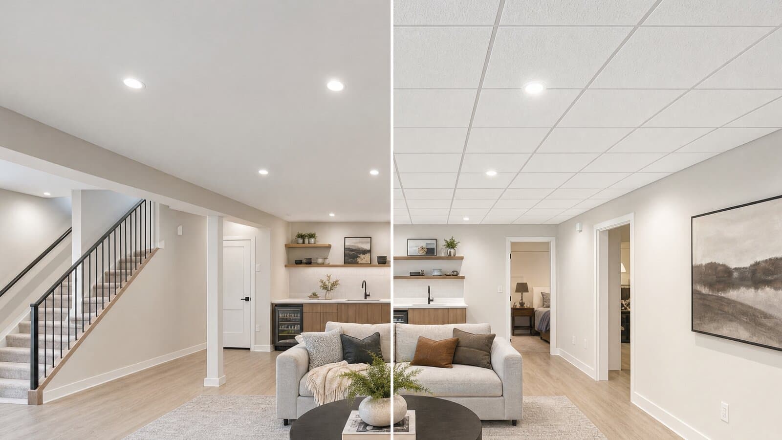 Side-by-side comparison of a smooth drywall basement ceiling and a suspended drop ceiling with grid tiles.