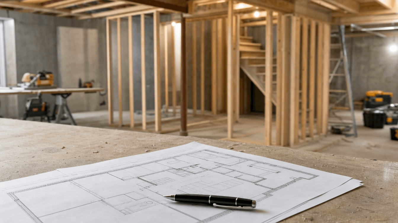 Basement floor plans and a pen on a work table at a construction site in Calgary.