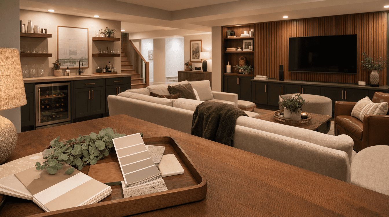 A warm finished basement with a light neutral palette, a wood-tone feature wall, and material samples