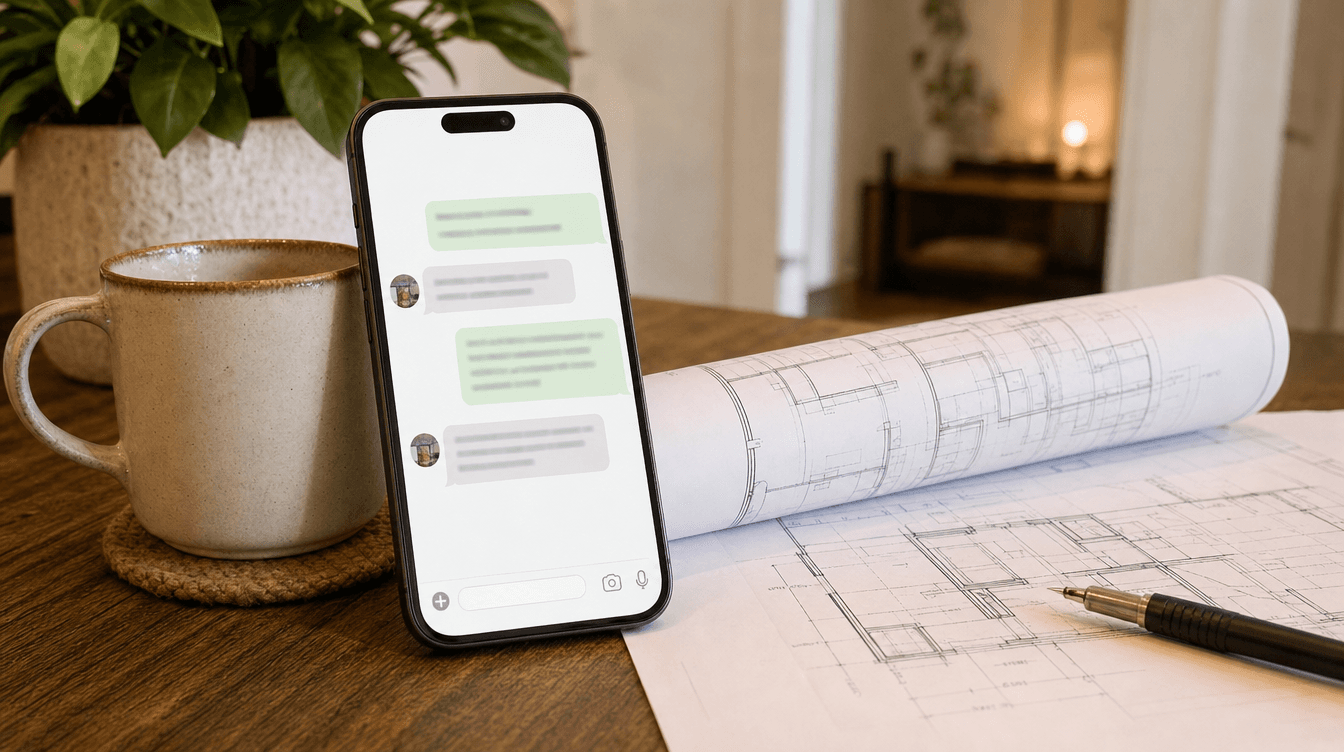 A phone showing a project-update message thread beside a coffee and basement plans on a home table