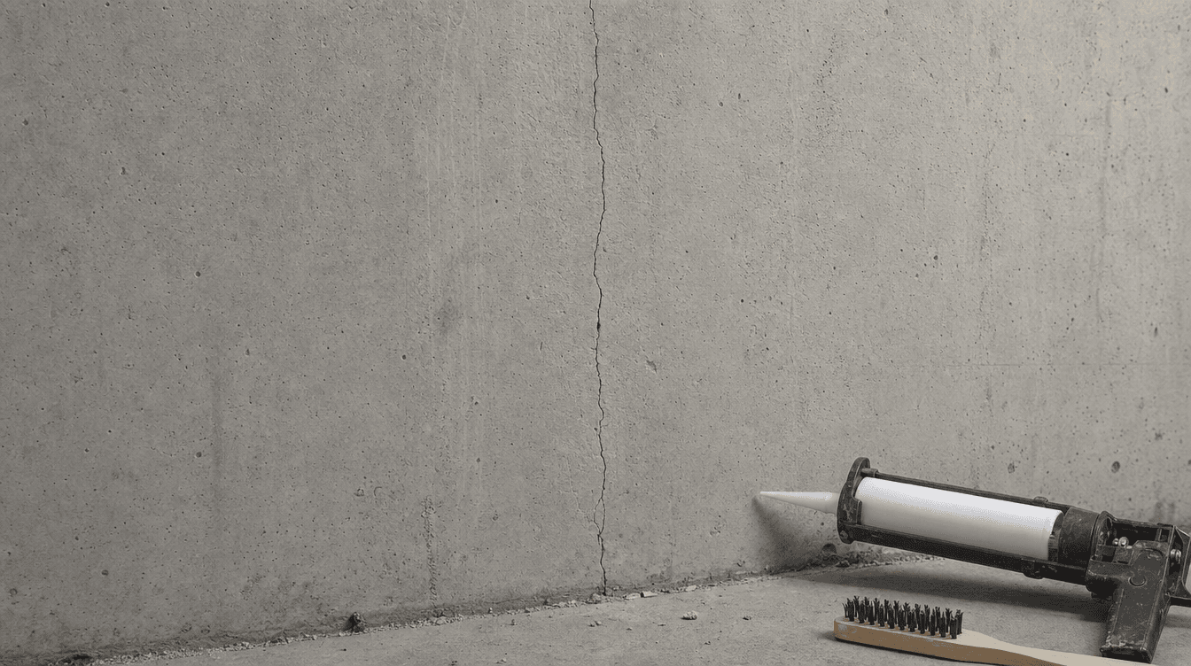An instructional close view of a bare concrete basement wall with a fine crack being inspected and sealed