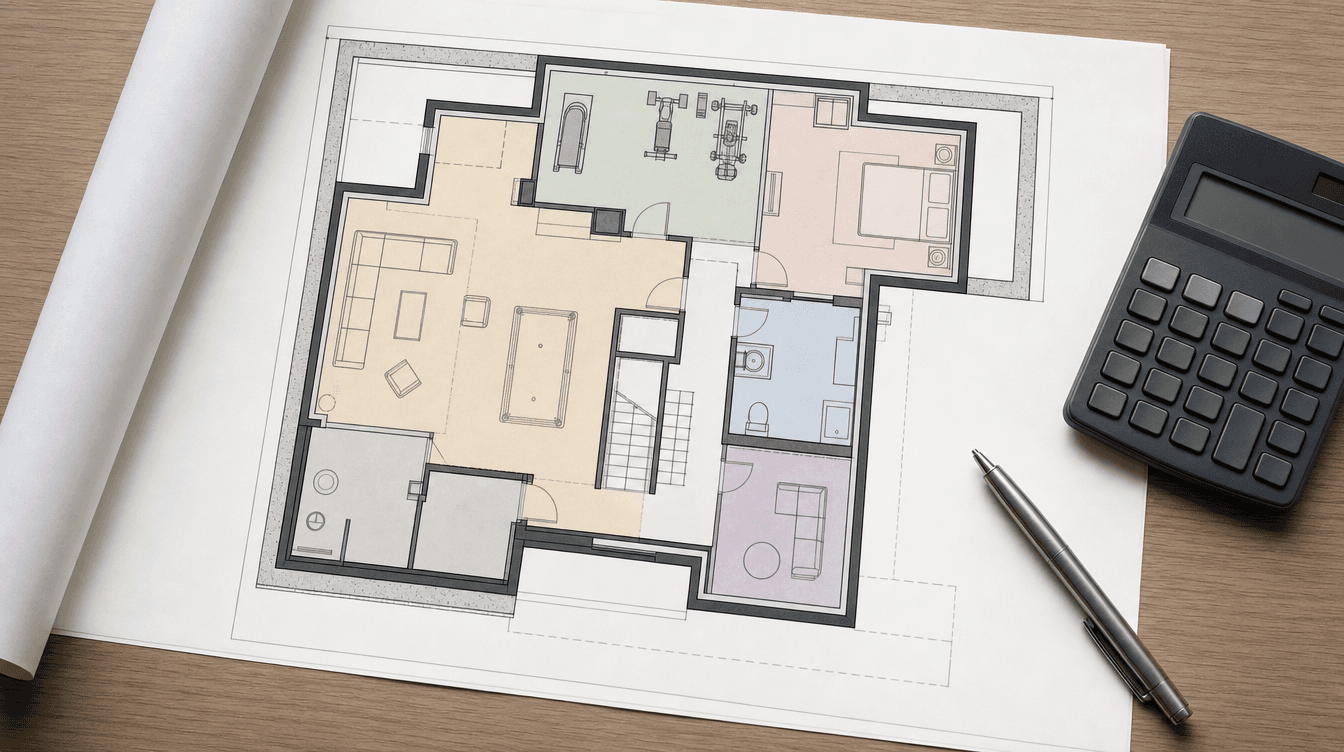A cost breakdown flat-lay conveying a base package plus itemized basement upgrades