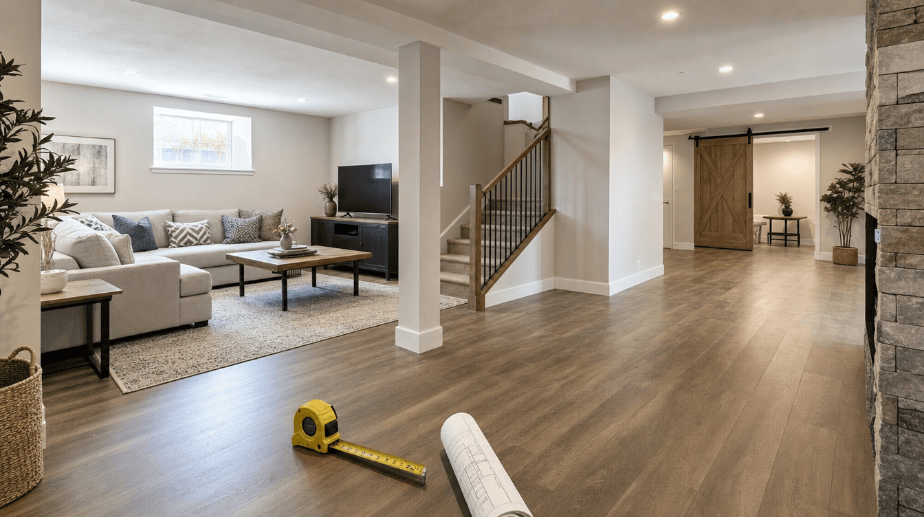 Finished open basement with a measuring tape and floor plan on the floor