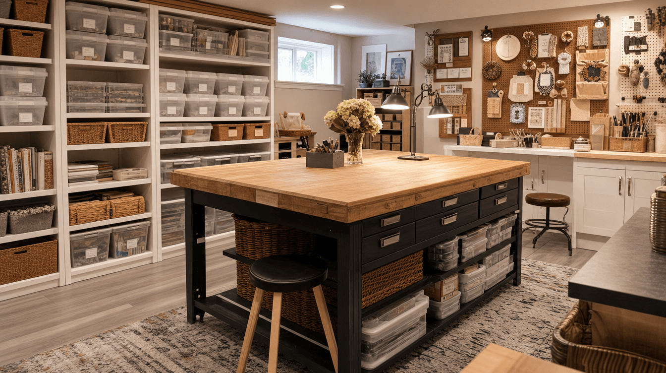A bright organized finished basement craft room with a large work table, labeled storage bins, task lighting, and a project pinboard