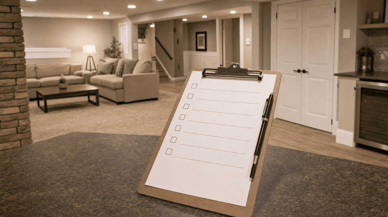 A clipboard with a checklist and pen resting in a nearly finished basement, conveying a final walkthrough