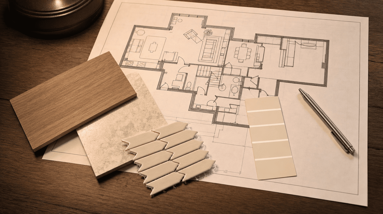 A basement floor-plan drawing with finish samples laid on top and a pen, conveying reviewing and signing off a design