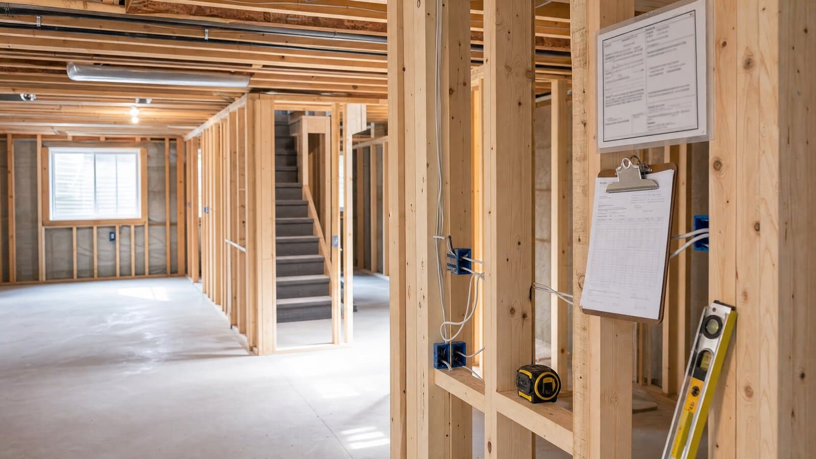 Calgary basement at the framing stage with stud walls, electrical rough-in, and permit paperwork on site.