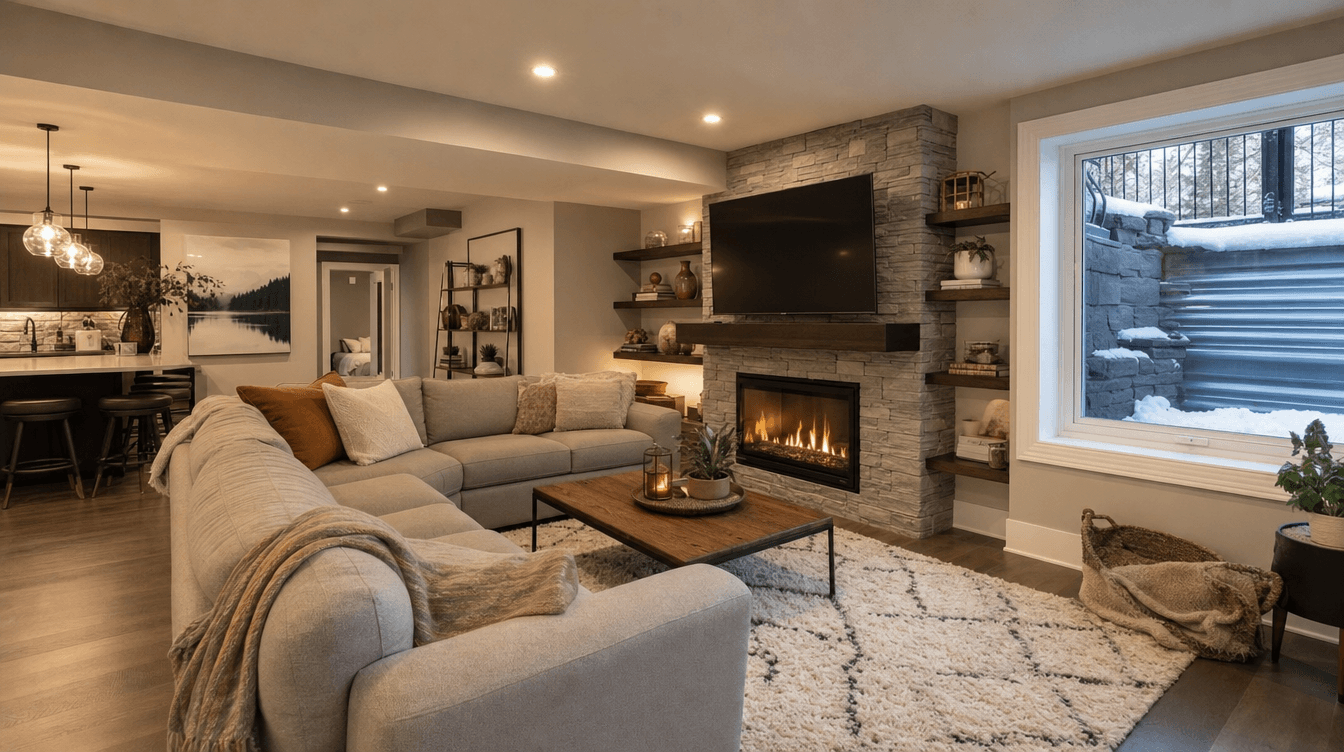 A warm, finished basement rec room in a Calgary home — comfortable living space built through the winter.