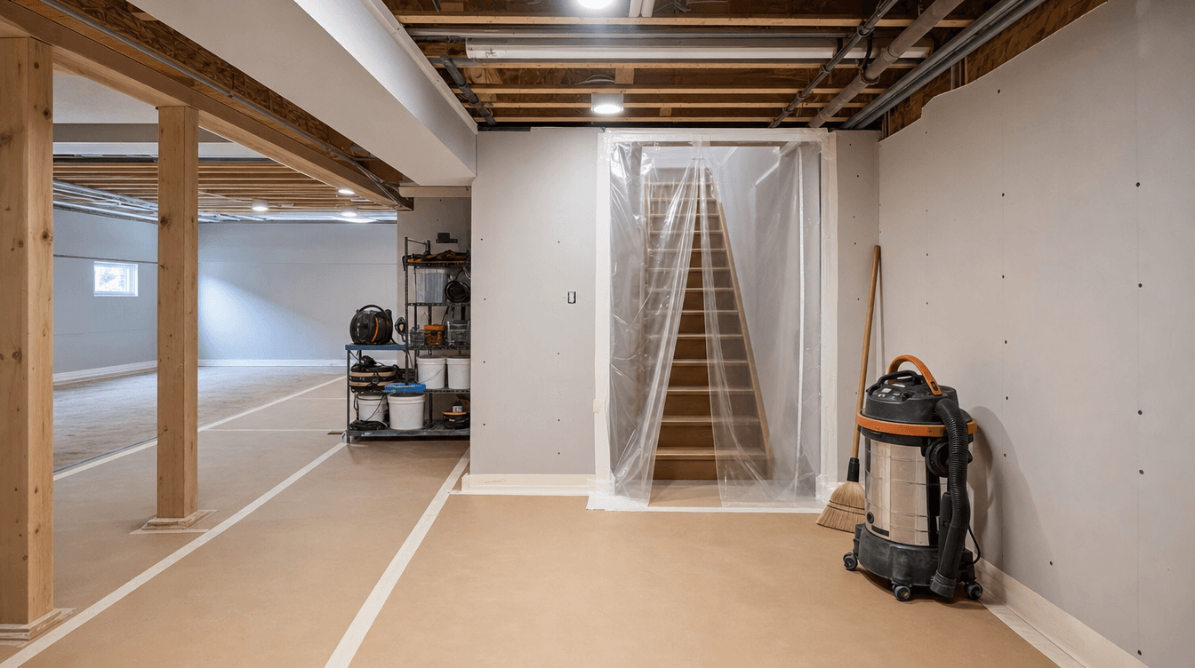 A tidy in-progress basement build with a clean plastic dust barrier sealing off a stairway, floor protection, a broom and shop vacuum
