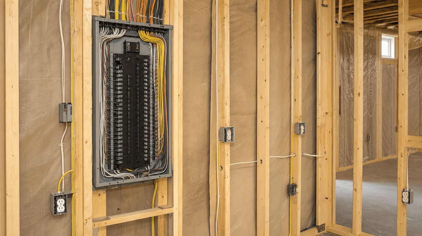 A basement electrical panel with neatly organized wiring and roughed-in outlets during construction.