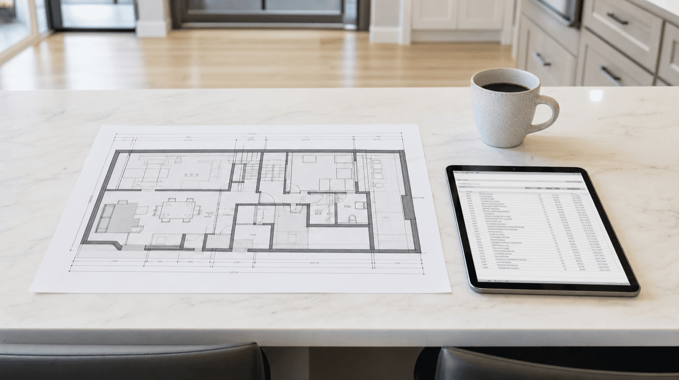 A basement floor plan and a tablet showing a cost estimate on a bright kitchen table in Calgary.
