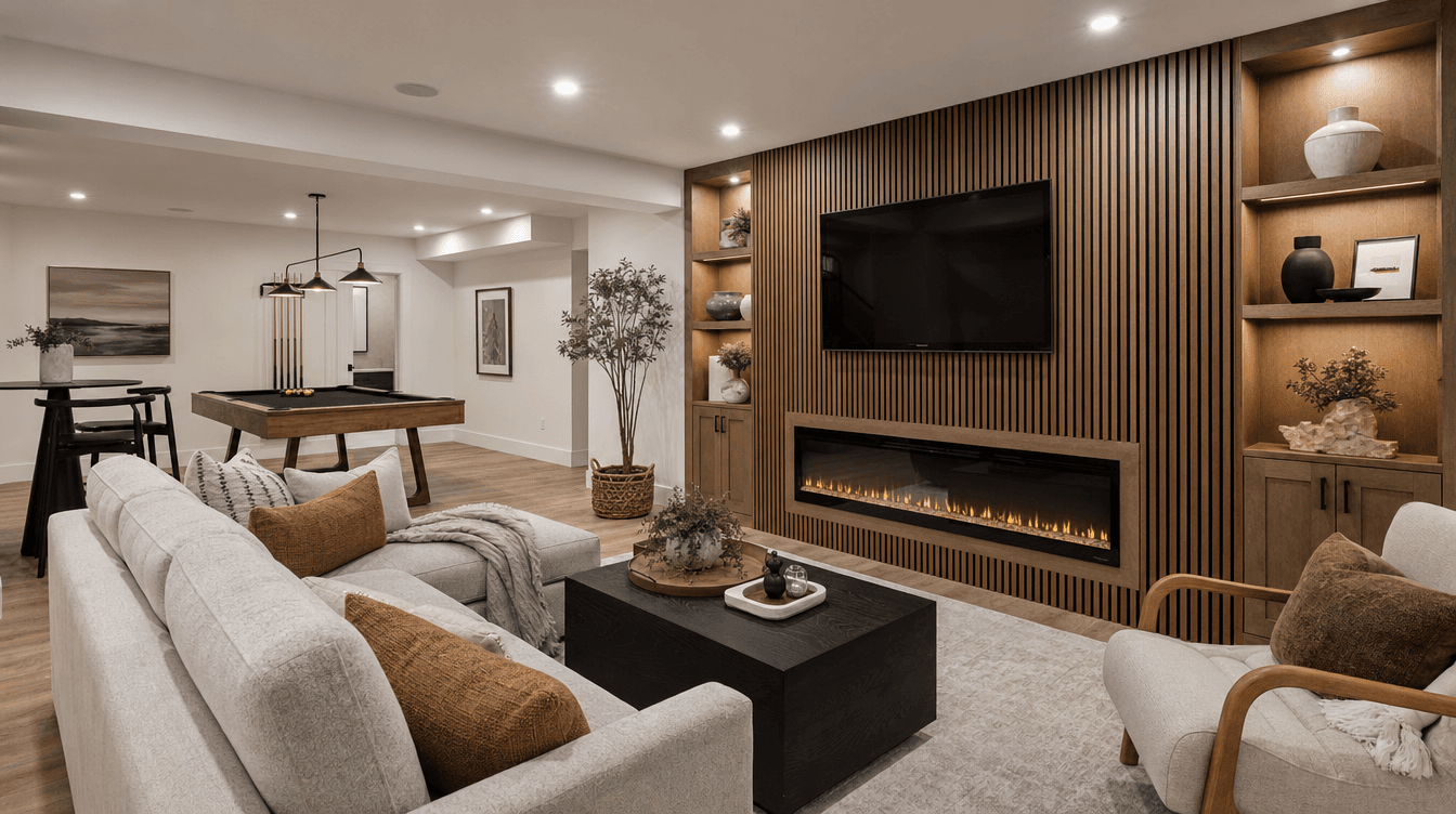 A finished basement rec room with a wood-slat feature wall and a linear fireplace.