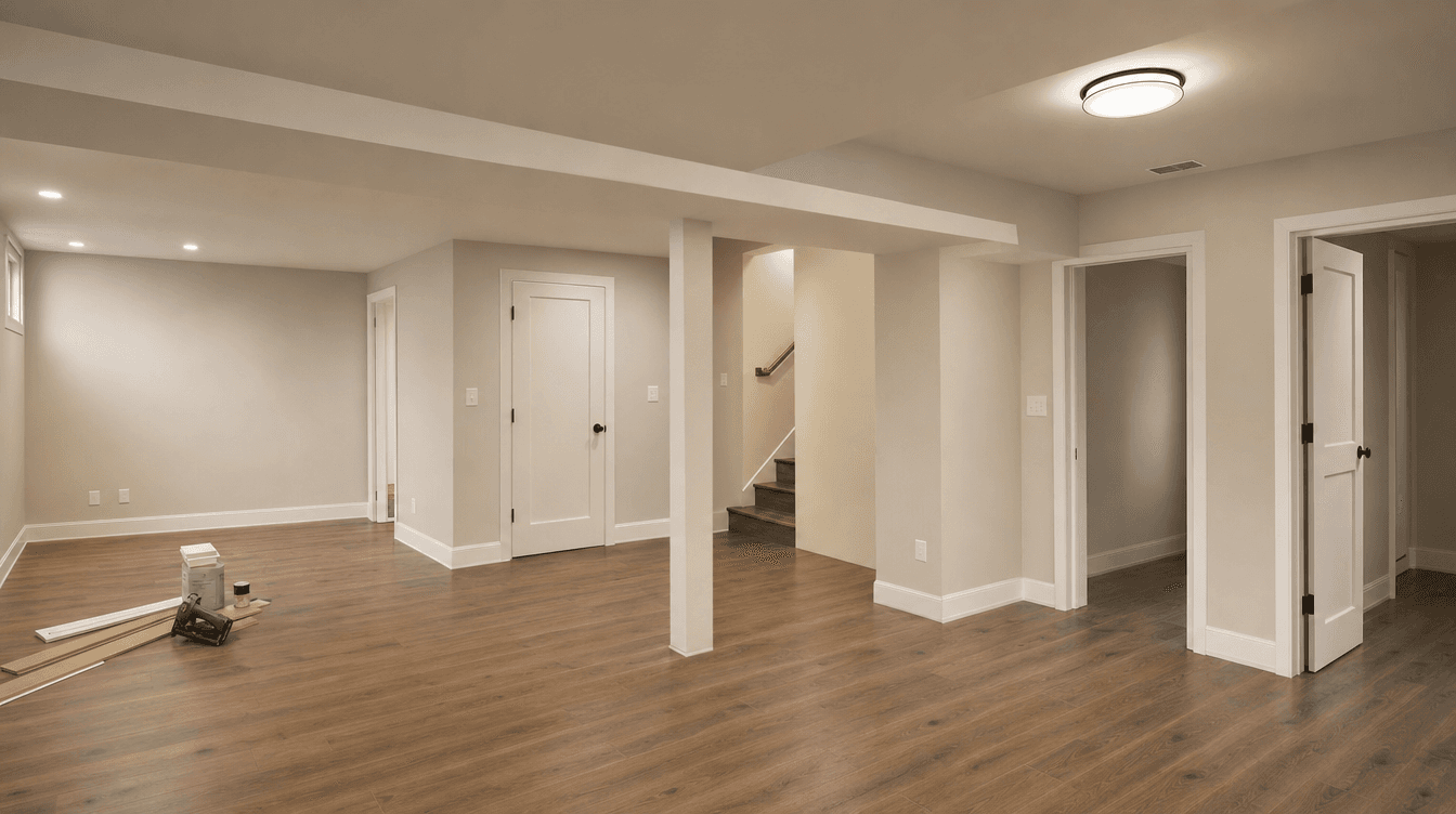 A nearly finished basement in the finishing stage with flooring in, walls painted, and trim going up