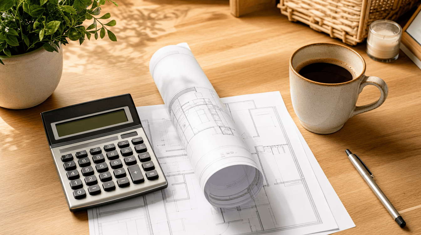 A homeowner's desk with a calculator, a house plan, and a coffee, planning basement finances
